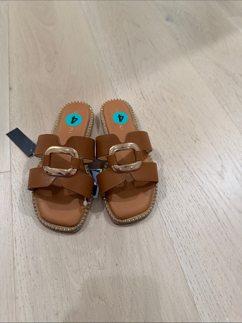 Tahari Girls' Tan Slide Sandals with Gold Buckle Accent